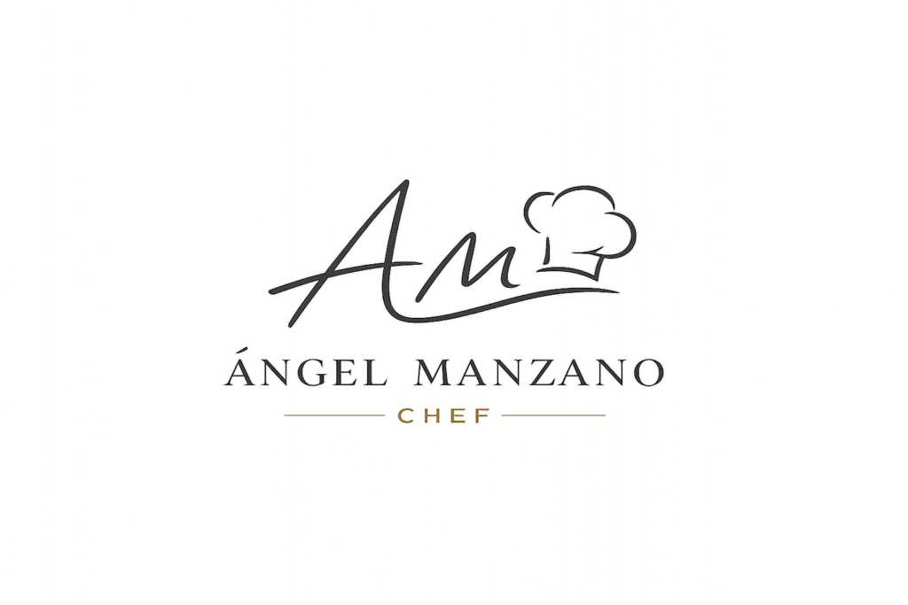 Logotipo minimalista de Ángel Manzano Chef con iniciales AM y gorro de chef en estilo elegante y moderno.